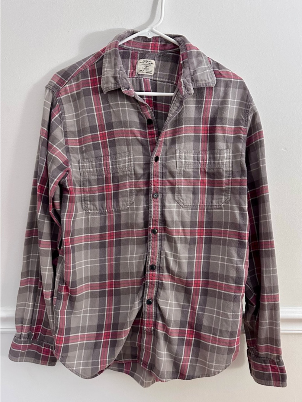 J. Crew Factory Gray & Red Plaid Flannel Shirt - Medium